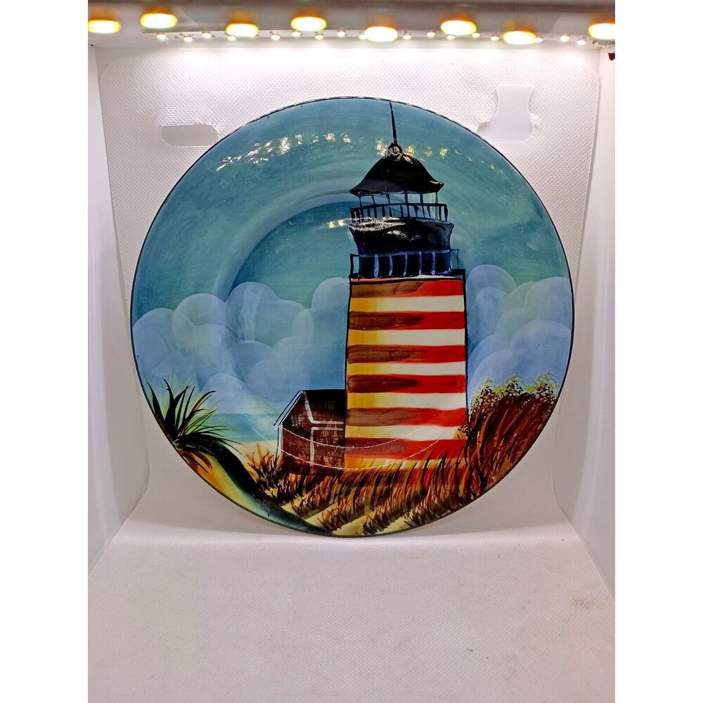 Sakura By the Sea Salad Plate - Red White Black Lighthouse Green Grass Gray Sky